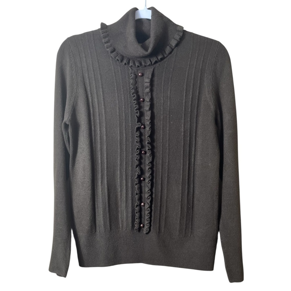 Carolyn Taylor Vintage Brown Ruffle Turtleneck Sweater Small Coquette Y2K Ribbed